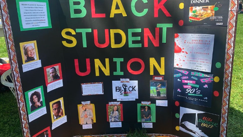 A photo of a display created by the Black Student Union to highlight their mission and activities.