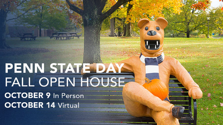 Lion mascot sitting on bench. Penn State Day Fall Open House Oct. 9 in person, Oct. 14 virtual.
