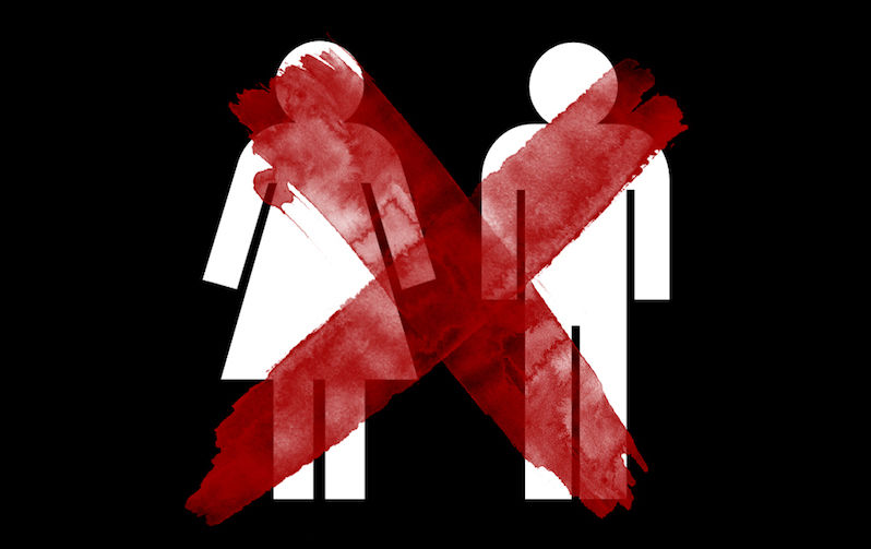 The universal symbols for men and women, marked with a red X.