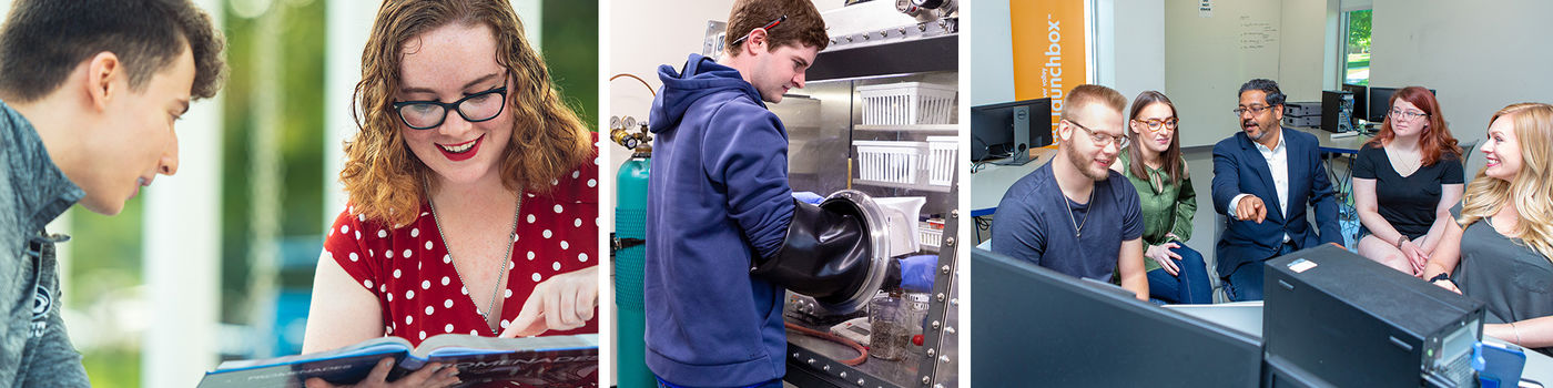 Three photos. First shows a male and female student reading. Second shows a student working in a chemistry glove box. Third shows 4 students and a professor discussing contents of a computer screen.