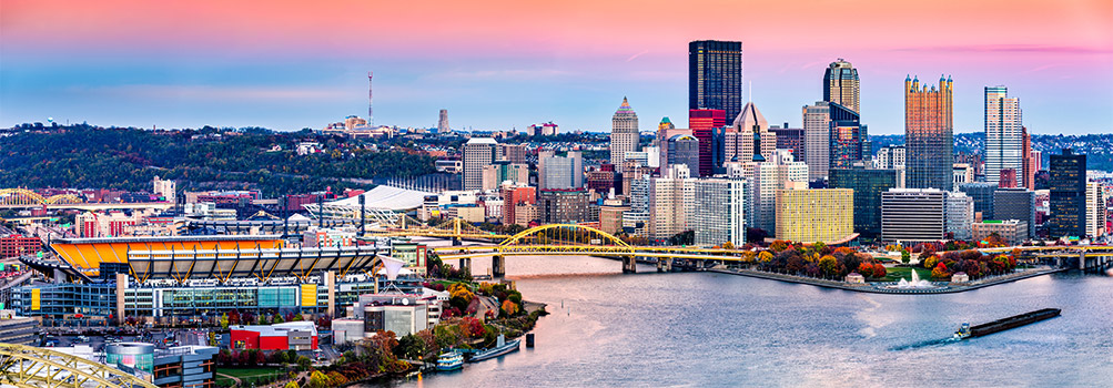 a view of downtown Pittsburgh looking toward the Point and Heinz Field