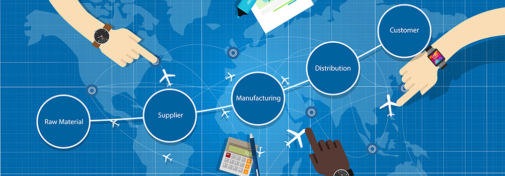 Illustration showing the supply chain of raw materials, supplier, manufacturing, distribution and customer.
