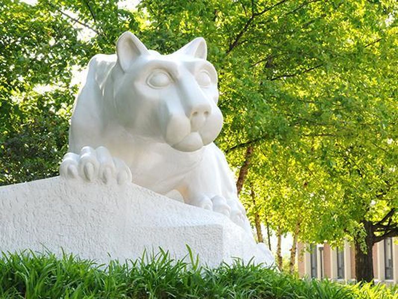 A photo of the Lion Shrine on campus with trees above it and sun shining through the green leaves