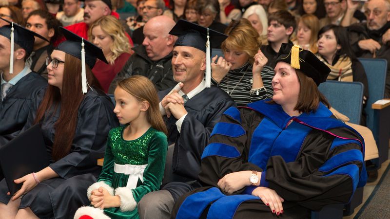 Penn State Beaver graduates, professors and guests look toward stage at commencement.