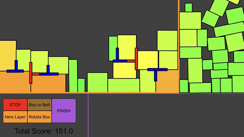 An image of a training app that is bright green, yellow, and orange boxes on a black screen. There is scoring information in the bottom left corner fo the image.