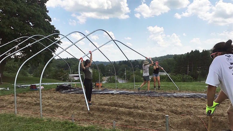 Students lift a large, curved metal pole into place over garden.