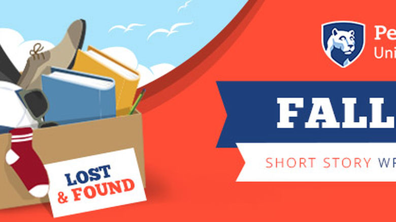 University Libraries Fall 2018 Writing Contest illustration showing box filled with sock, umbrella and other lost and found items