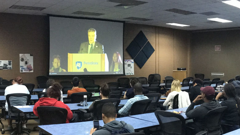 Students at Penn State Schuylkill watching the All In at Penn State livestream broadcast