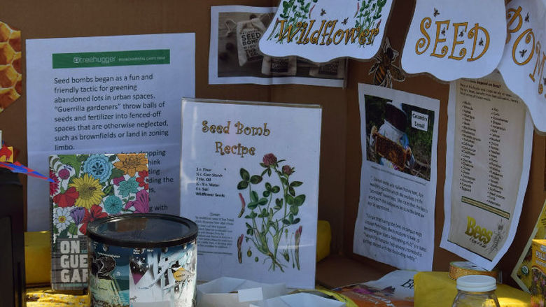 Students hold up an informational sign about bees' role in the ecosystem