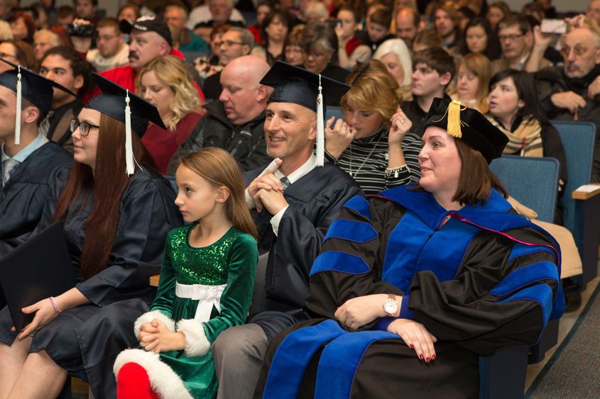 Penn State Beaver graduates, professors and guests look toward stage at commencement.