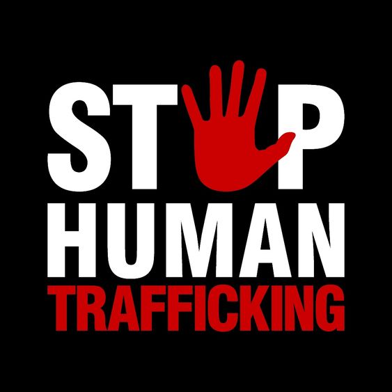 A black background with the words stop human trafficking in white and red and the image of a red handprint