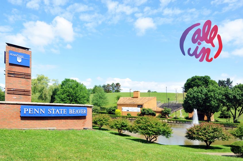 Image of Penn State Beaver's main entrance, with pond and Cultural Center ampitheater in the background.