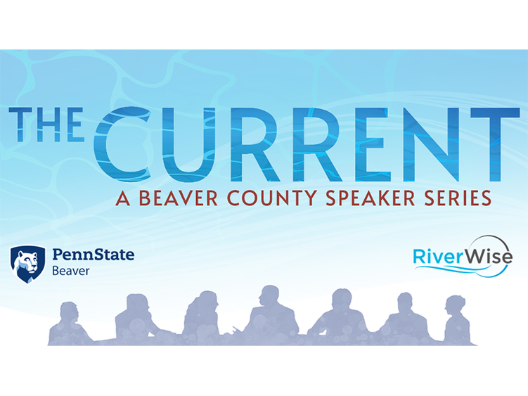 A graphic for The Current that is the shadow of people on a blue background. The graphic also shows logos for Penn State Beaver and RiverWise.