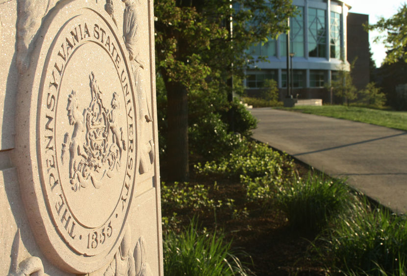 The Pennsylvania State University seal in back of the HUB
