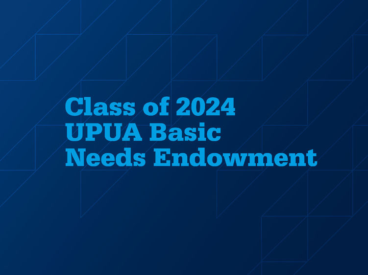 Text that describes the Class of 2024's gift on a blue textured background